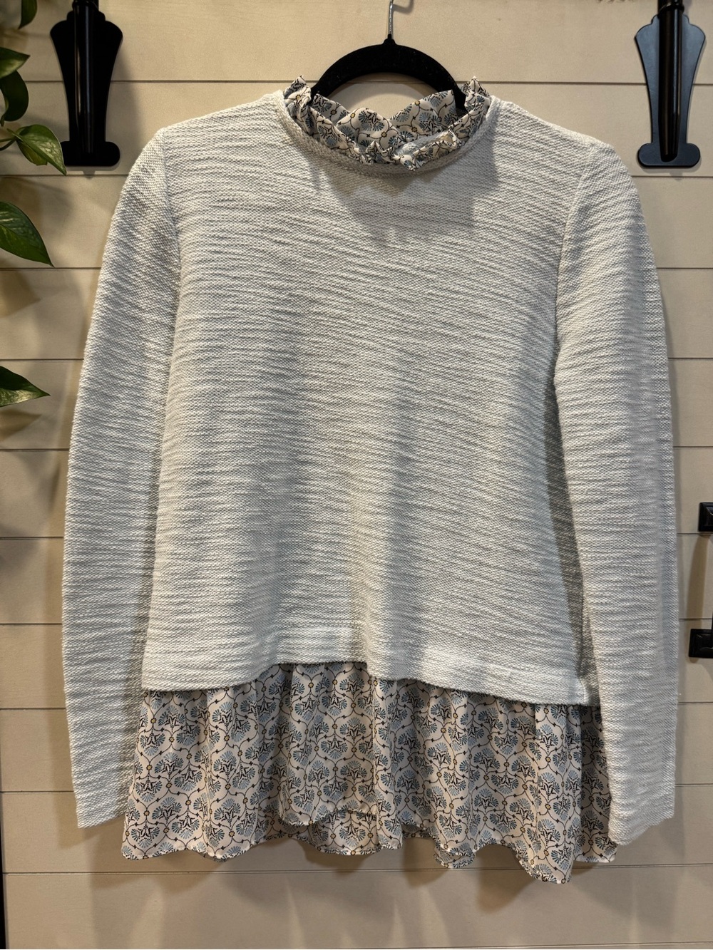 LOFT Cream Layered Mock-Neck Sweater with Printed Ruffle Hem